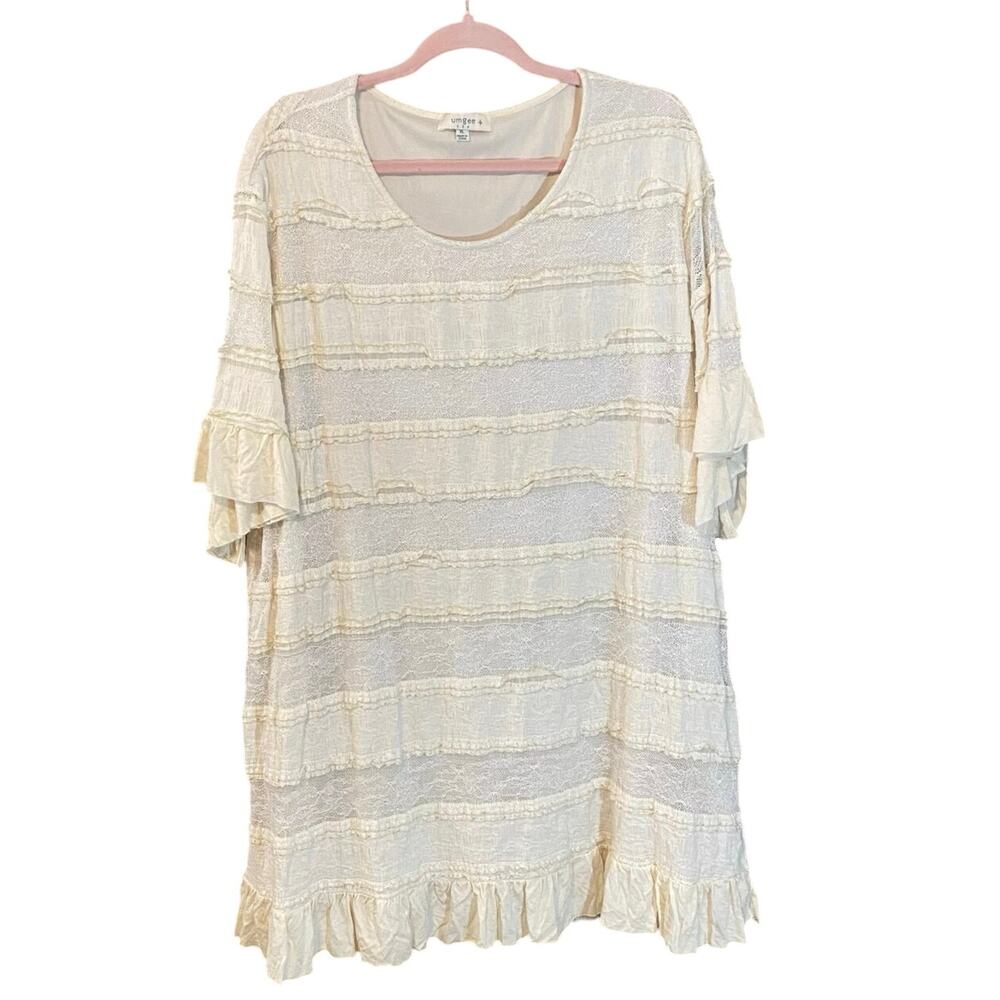 Umgee Textured Lace Ruffle Sleeve Cream Shift Dress Women XL cocquette romantic